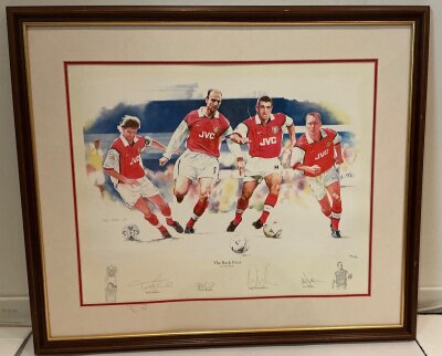 Arsenal Back Four Signed Framed Football Print: Signed by Adams Bould Winterburn and Dixon. Nicely framed and unglazed. Slight tear on mount.