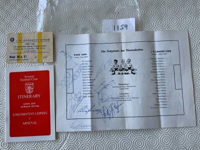 78/79 Leipzig v Arsenal Football Memorabilia: Signed programme and Itinerary for the match at Locomotives Leipzig on 27 9 1978 for the UEFA Cup match. Programme is signed to centre page by 9 of the Arsenal party including Devine Rix Stapleton Barron Young OLeary Stead Vaessen and Fred Street.