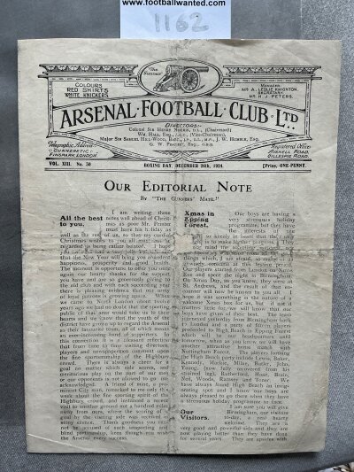 1924 - 1925 Arsenal v Birmingham City Football Programme: Good condition league match with no team changes. 4 page sheet has had a professional repair.