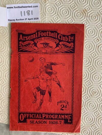 1926 - 1927 Arsenal v Burnley Football Programme: Good condition league match with no team changes. Rusty staples removed. Slight wear at staples location.