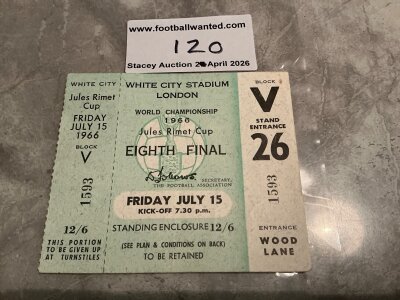 1966 World Cup Football Ticket Uruguay v France: Unused ticket with counterfoil for match dated 15 7 1966. The only match played at White City. Excellent.