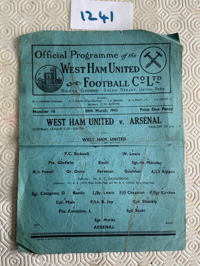 42/43 West Ham v Arsenal Football Programme: Fair condition league cup south single sheet with no team changes. Fold and creasing.