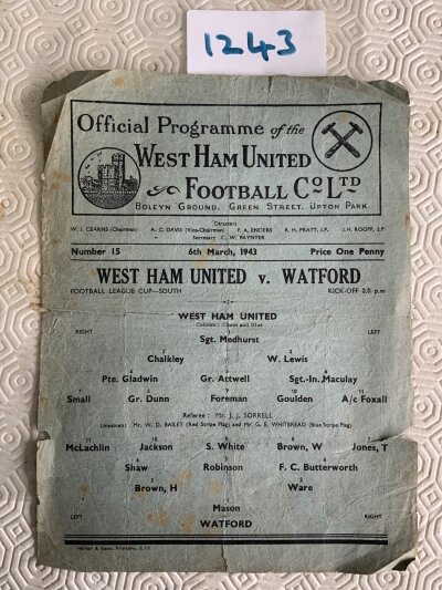 42/43 West Ham v Watford Football Programme: Poor/fair condition league south single sheet with no team changes. Lots of small tears to edges.
