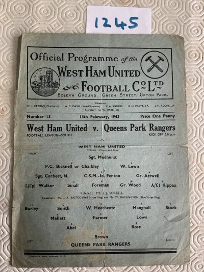 42/43 West Ham v QPR Football Programme: Fair condition league south single sheet with no team changes. Couple of small tears.