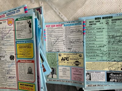 Multi Signed West Ham Opponents Football Programmes: West Ham home programmes signed by opposition on rear team page and occasionally the referee. Programmes have team changes. Spotted one v Nottingham Forest signed by Clough. (90)