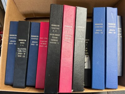 Manchester United Football Programme Binders: Variety of colours and sizes with different wording embossed to include Manchester United Aways 72-73 77-78 79-80 82 -83 84-85. Manchester United In Europe etc. (11)