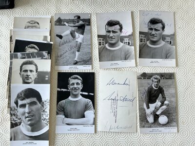 Manchester United 1960s Football Photos: Original black and white postcard size photos some with postcard backs and some blank. Postcards of Herd Law Cantwell x2, Setters are signed and the rear of a team group by Charlton Crerand and Setters. Additionally there is a Duncan Edwards with a facsimile autograph. Very good with slight duplication. (35)
