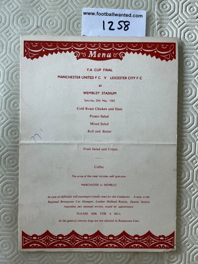 1963 Manchester United FA Cup Final Railways Menu: For the journey from Manchester to Wembley a card with a menu one side and wine list on the other.