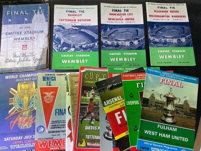 FA Cup + Big Match Football Programmes: FA Cup finals include a tatty 1935 then excellent condition 1955 1960 1962 and 14 more modern plus a 1966 World Cup final, 1968 European Cup final and more.