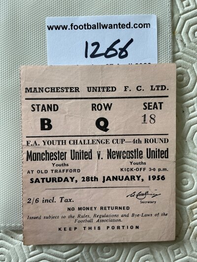 55/56 Manchester United v Newcastle United Youth Cup Football Ticket: Incredibly rare ticket dated 28 1 1956 played at Old Trafford from the season that Man Utd won the FA Youth Cup. Good.
