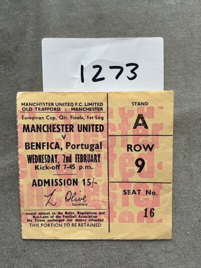 65/66 Manchester United v Benfica Football Ticket: European Cup ticket dated 2 2 1966 in excellent condition. Light fold.