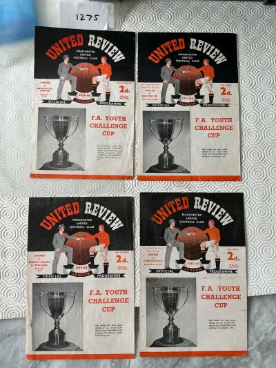 Manchester United 55/56 Youth Cup Winning Football Programmes: Home programmes from the 4th round  5th round semi final and final. Matches v Newcastle, Bexleyheath + Welling, Bolton and Chesterfield. Good with no team changes. (4)