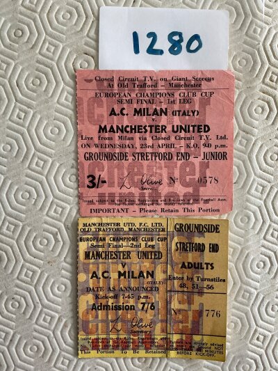 68/69 Manchester United v AC Milan Football Tickets: Good condition European Cup semi final match ticket plus the closed circuit beamed to Old Trafford. Folding. (2)