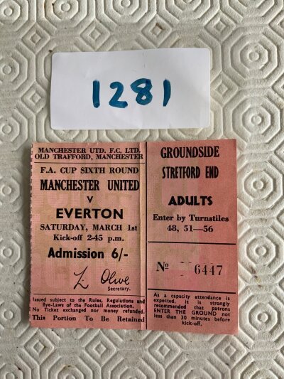 68/69 Manchester United v Everton Football Ticket: Good condition FA Cup match ticket dated 1 March 1969. Slightly creased.