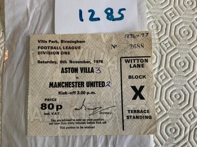 76/77 Aston Villa v Manchester United Football Ticket: League match ticket with season and score written. Fold.