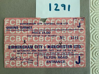 77/78 Birmingham City v Manchester United Football Ticket: League match ticket with season and score written. Name also written to rear. Tiny piece missing.