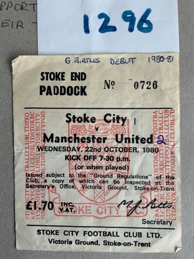 80/81 Stoke City v Manchester United Football Ticket: League match ticket with season and score written. Fold. G Birtles debut written also.