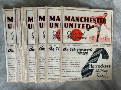 36/37 Manchester United Complete Home Football Programmes: All 21 league matches plus Reading FA Cup in the best condition you will see as ex bound with covers and no writing. Opponents in the league are Wolves Huddersfield Manchester City Sheffield Wednesday Arsenal Chelsea Charlton Liverpool Birmingham West Brom Bolton Sunderland Derby Preston Brentford Portsmouth Stoke Grimsby Everton Leeds and Middlesbrough. Please note Leeds has a split spine where removed from volume but remains excellent apart from that. (22)