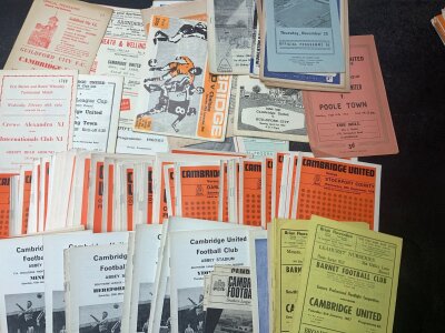Cambridge United Football Programmes: Mainly homes with around 50 from the 60s decade with a further 100 from the early 70s. C/W a quantity of Barnet from the late 60s onwards. Mainly good condition with duplication. Instructions to sell. (200+)