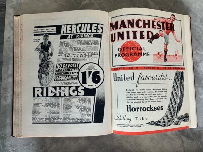37/38 Manchester Bound Volume Of Football Programmes: Incredibly rare chance to obtain a full set of 24 homes all in mint condition that was bound as customary and given to directors, chairman etc. Not only all 21 league matches but both FA Cup matches v Barnsley and Yeovil + Petters. What makes this even more special is a postponed programme that most do not know exists v West Ham which we have never seen on the market before. Spine of claret hard covers reads 1937-38. Originally from the James Gibson family who was president of Manchester United from 1931 to 1951.