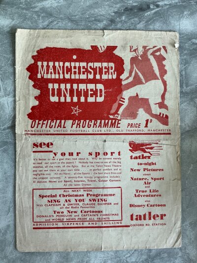 39/40 Manchester United v Wrexham Football Programme: Fair condition league programme dated 23 12 1939 with pencilled team changes. 4 pager has tears to either side of centre fold.