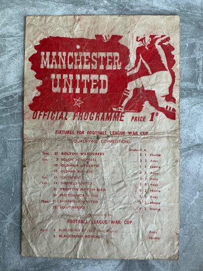 41/42 Manchester United v Blackburn Football Programme: Fair condition War Cup programme dated 6 4 1942 with no team changes but score written. Single sheet has fold and creasing.