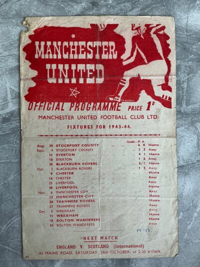 43/44 Manchester United v Chester Football Programme: Fair condition league programme dated 9 10 1943 with team changes. Single sheet has folding and damage to one corner.
