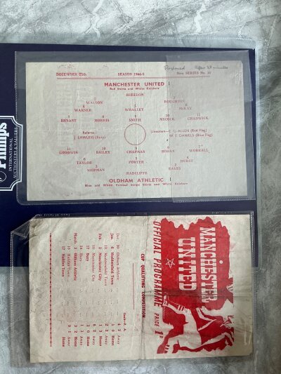 44/45 Manchester United Home Football Programmes: Fair condition single sheet programmes the majority having team changes. Includes Everton, Chester, Wrexham, Oldham, Tranmere, Oldham abandoned, Manchester City, Burnley, Stoke, Doncaster, Chesterfield semi final, Halifax and Bolton final. (13)