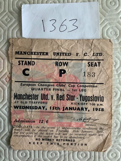 57/58 Manchester United v Red Star Belgrade Football Ticket: Fair condition ticket dated 15 1 1958 for the European Cup tie sadly the last one on home soil for the great Busby Babes. Folding and heavy creasing.