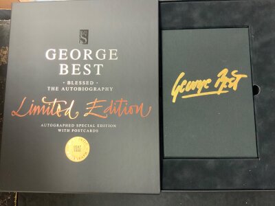 George Best Boxed Ltd Edition Signed Football Book:Ltd edition number 347/1000 in slip case then in velvet lined insert which fits into hard case. Hand signed inside by Best.