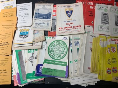 Scottish Football Programmes: Good quantity with duplication of Celtic Falkirk Ayr and others. Celtic homes include 64/65 Barcelona x 7, 62/63 Valencia x 3, Real Madrid x 14, 65/66 Go Ahead Eagles x 2, AGF x 10, 67/68 Racing x 14, 62/63 Dunfermline v Valencia x 6, Dundee v Anderlecht x 8, 66/67 Dundee United v Barcelona x 8, 59/60 Berwick v Rangers x 13. Ayr United has around 100 homes from 1966 to 1975 and Falkirk from a similar era has around 40. Quantity.
