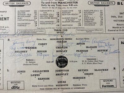 49/50 Manchester United Fully Signed Football Programme: Home programme v Weymouth FA Cup hand signed to team page by 12 including Rowley Aston Mitten and Carey. Programme is damaged not affecting signatures.
