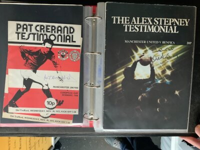 Manchester United Testimonial Football Programmes: Folder containing programmes for Man Utd players including signed by Crerand and Stepney. Bryan Robsons 1990 test is accompanied by the ticket. Other players include Best Foulkes Buchan Macari Charlton and Dunne. (20+)