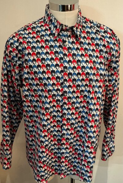 George Best Ben Sherman Shirt: Stunning attractive new XXL collared long sleeve shirt which features hundreds of pictures of Best in blue red and black.