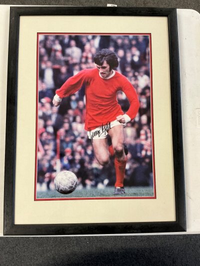 Law + Best Manchester United Signed Framed Football Prints: Two separate large prints with clear genuine undedicated signatures in matching frames. Not for posting. (2)