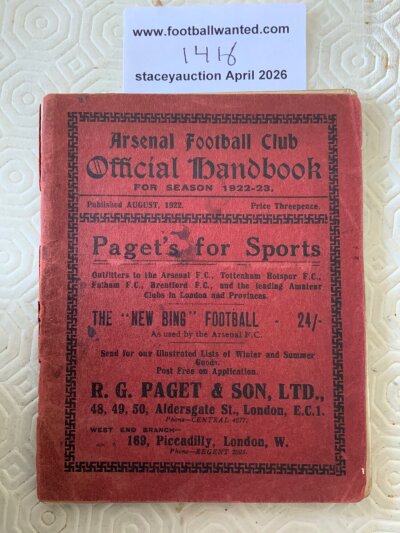 1922 - 1923 Arsenal Football Handbook: 98 page handbook has split spine making front cover detached and some writing inside but is otherwise good.
