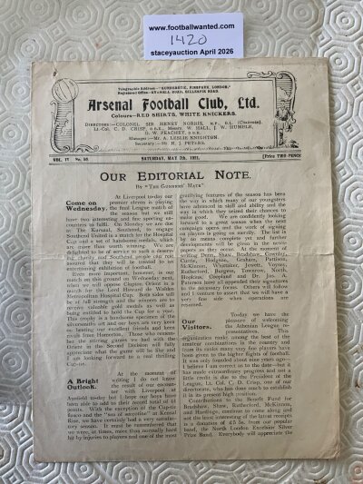 1920 - 1921 Arsenal Reserves v Athenian League Football Programme: Four page white sheet for reserve  team friendly which is good with centre fold. No team changes but pin hole.
