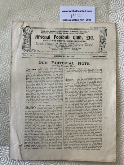 1921 - 1922 Arsenal v Bradford City Football Programme: Four page white sheet for first team match which is fair/good with a couple of small holes and team changes.