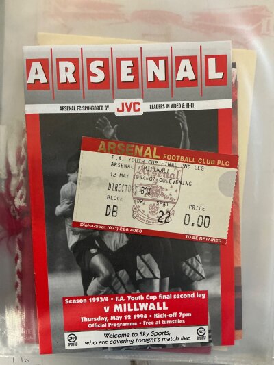 Arsenal Complete 93/94 Home Programmes Reserves + Tickets: All 1st team programmes and tickets plus reserves, team sheets and much more. Includes Youth Cup final v Millwall,
