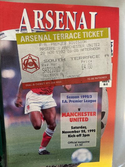 Arsenal Complete 92/93 Home Programmes Reserves + Tickets: All 1st team programmes and tickets plus reserves, team sheets and much more. Includes programmes and tickets for Millwall SJFC fina, OLeary testimonial v Manchester United,  Michael Watson benefit day