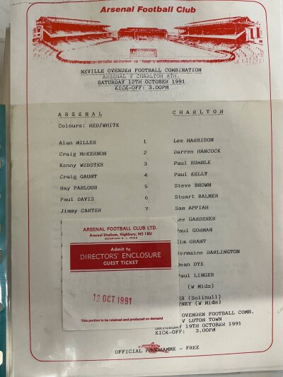 Arsenal Complete 91/92 Home Programmes Reserves + Tickets: All 1st team programmes and tickets plus reserves, team sheets and much more. Please note there is 1 ticket missing v Norwich. There is a programme and tickets plus reserves also for Paul Davis testimonial and Makita Tournament.