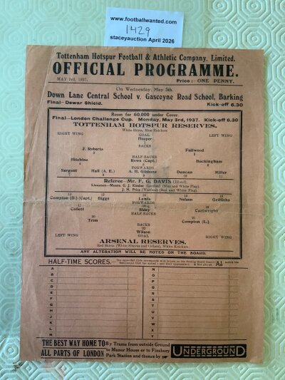 36/37 Tottenham v Arsenal LCC Final Football Programme: London Challenge Cup final in good condition with no team changes. Fold. Advertised as reserves match.
