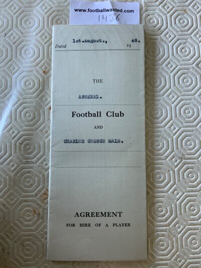 48/49 George Male Arsenal Football Contract: Excellent condition official contract paying 10 pounds in the summer and 12 pounds during the season. George had just retired from playing and was the first player in history to win the 1st division championship 6 times. This contract would have been his first season as a youth/reserve team coach and scout.