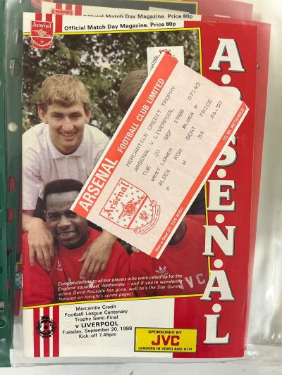 Arsenal Complete 88/89 Home Programmes Tickets: Championship season. All 24 1st team programmes and accompanying tickets in good condition. C/W programme and ticket Mercantile Credit trophy v Liverpool and tickets for International Tournament at Wembley. (50)