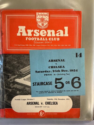 Arsenal 54/55 Home Programmes + Tickets: All 27 1st team programmes to include practice match and friendlies. There are 18 tickets to include Chelsea and Rangers. Good. (45)