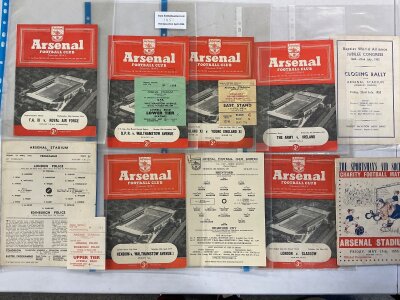 54/55 Football Programmes + Tickets Of Matches Played At Arsenal: Includes programmes and tickets for QPR v Walthamstow FA Cup, London Police v Edinburgh Police, England v Young England. Also programmes Brentford v Bradford City single sheet Fa Cup 2nd replay, The Army v Ireland and more.