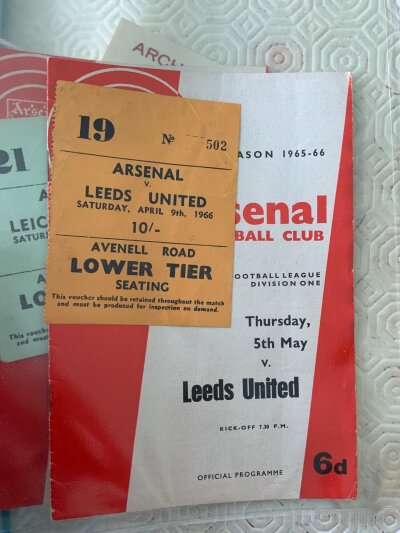 65/66 Arsenal Home Football Programmes + Tickets: 21 league programmes plus 4 others. C/W 20 tickets including Leeds 9/4/66, Tottenham and Blackpool. Very good. (45)