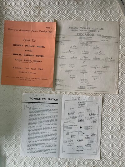 65/66 Football Matches At Arsenal Football Programmes: Includes Regent Palace Hotel v Royal Garden Hotel, schools single sheet Islington v Norwich plus 4 page final Islington v Harrow final. (3)