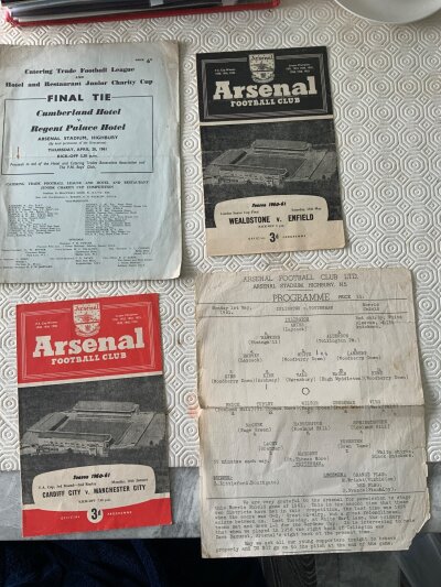 60/61 Football Match Programmes At Arsenal: Catering trade match Cumberland Hotel v Regent Palace Hotel in poor condition, Islington v Tottenham schools poor, London Senior Final and Cardiff v Manchester City FA Cup replay. (4)