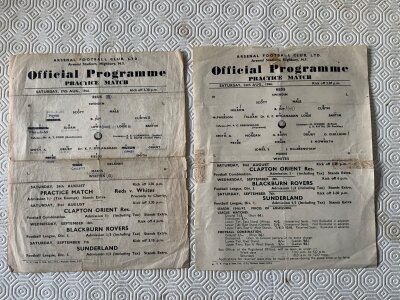 46/47 Arsenal Practice Match Football Programmes: Reds v Whites single sheets dated 17/8/46 and 24/8/46 tape marks to rear. Tears on folds and team changes. (2)